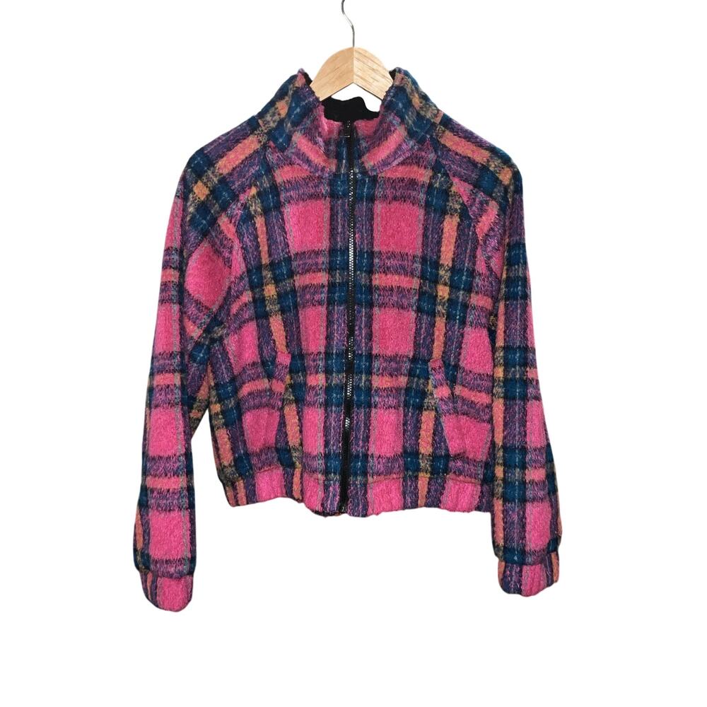 American Eagle Bomber Blue And Pink Plaid Fleece Jacket Size L